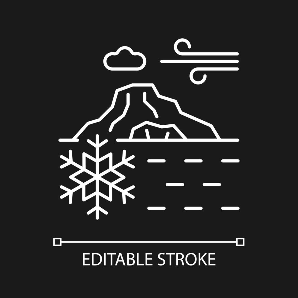 Perennial ice white linear icon for dark theme. Ice layers covering ground. Polar glaciers. Thin line customizable illustration. Isolated vector contour symbol for night mode. Editable stroke