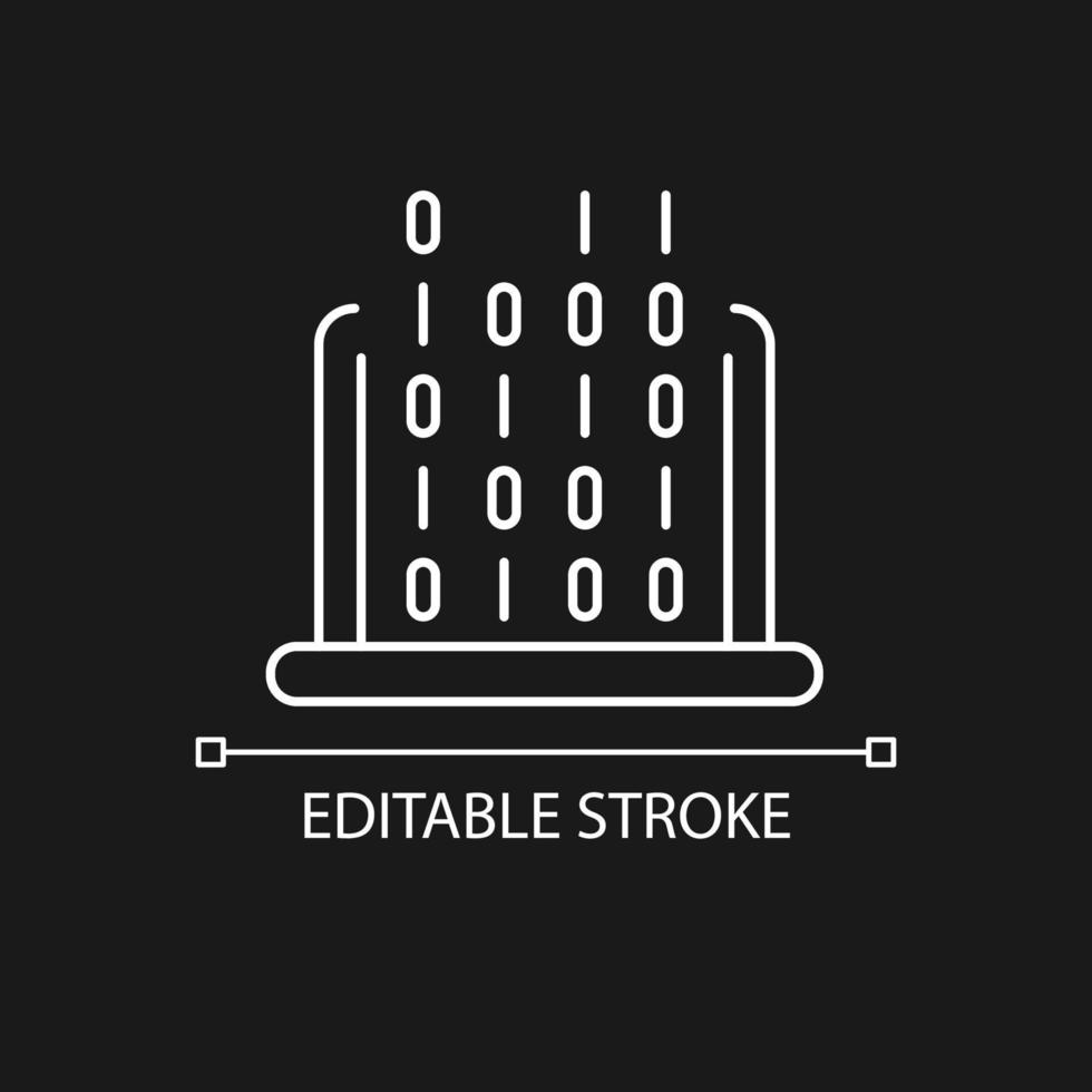 IT white linear icon for dark theme. Coding classes in schools, universities. Computer hardware. Thin line customizable illustration. Isolated vector contour symbol for night mode. Editable stroke