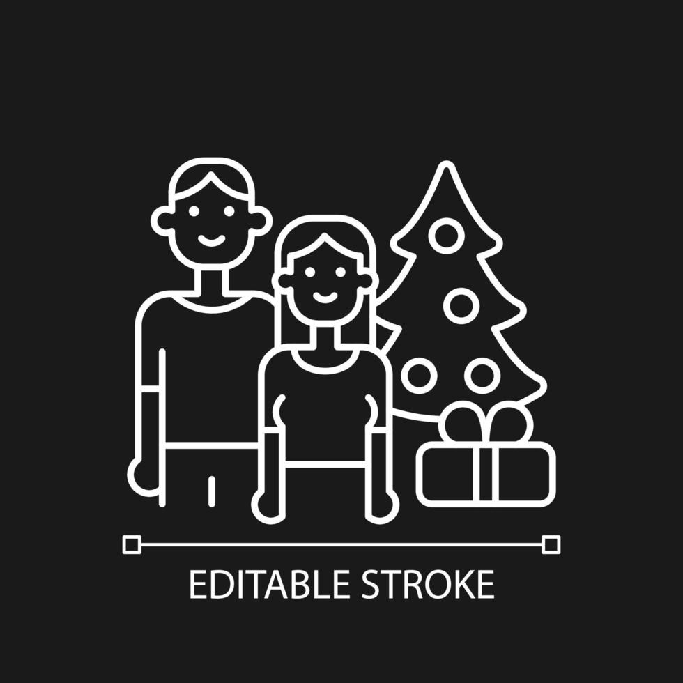 Couple spending Christmas together white linear icon for dark theme. Winter with family, spouse. Thin line customizable illustration. Isolated vector contour symbol for night mode. Editable stroke