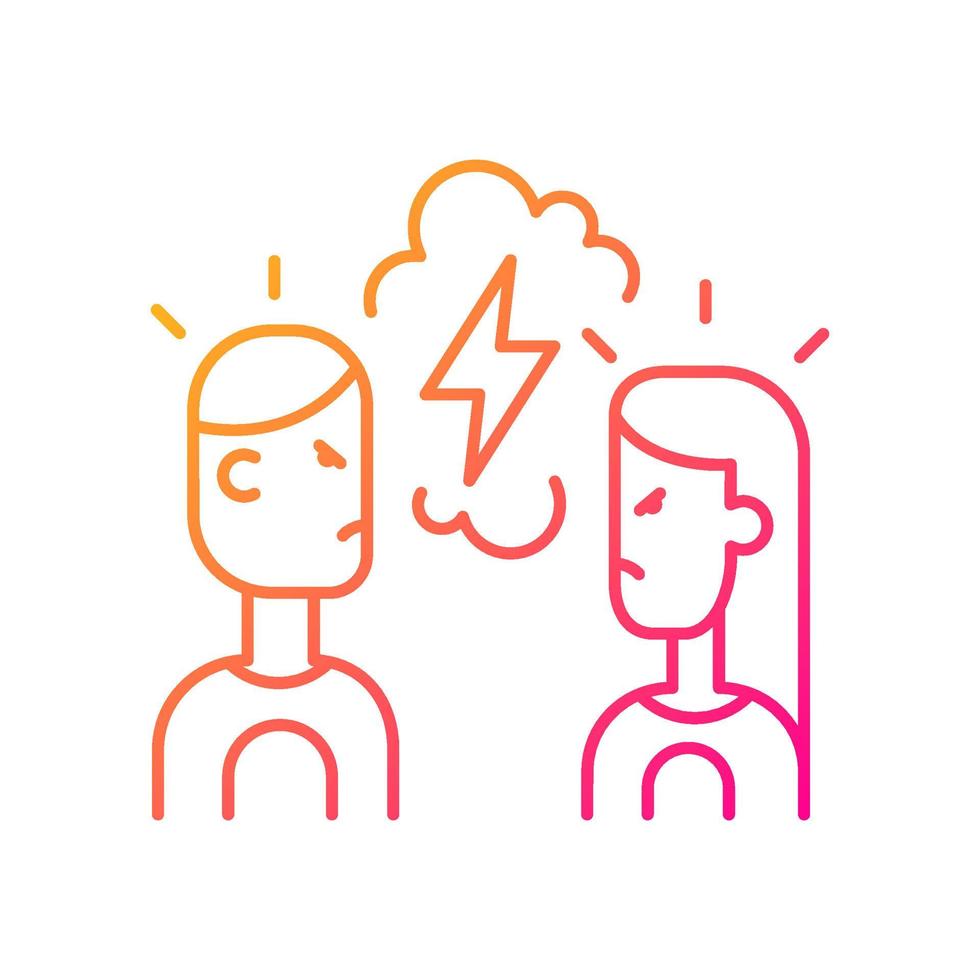 Quarreling couple gradient linear vector icon. Angry girlfriend and boyfriend during conflict, shouting at each other. Thin line color symbol. Modern style pictogram. Vector isolated outline drawing