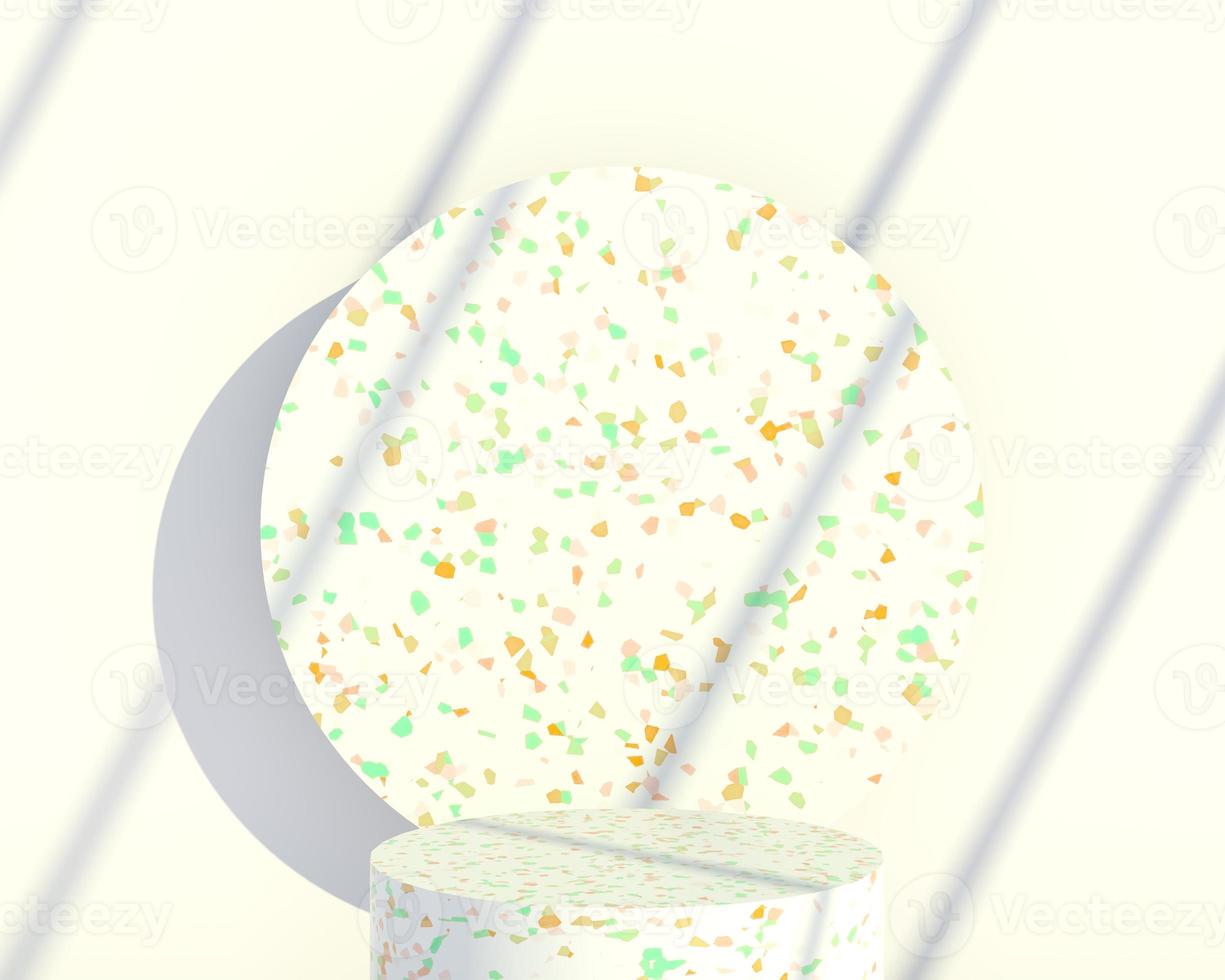 Podium, stand with terrazzo and stone, on pastel wall background with shadow of tropical palm leaves. Showcase for cosmetic products and goods, shoes, bags, watches - simple illustration - 3D, render. photo