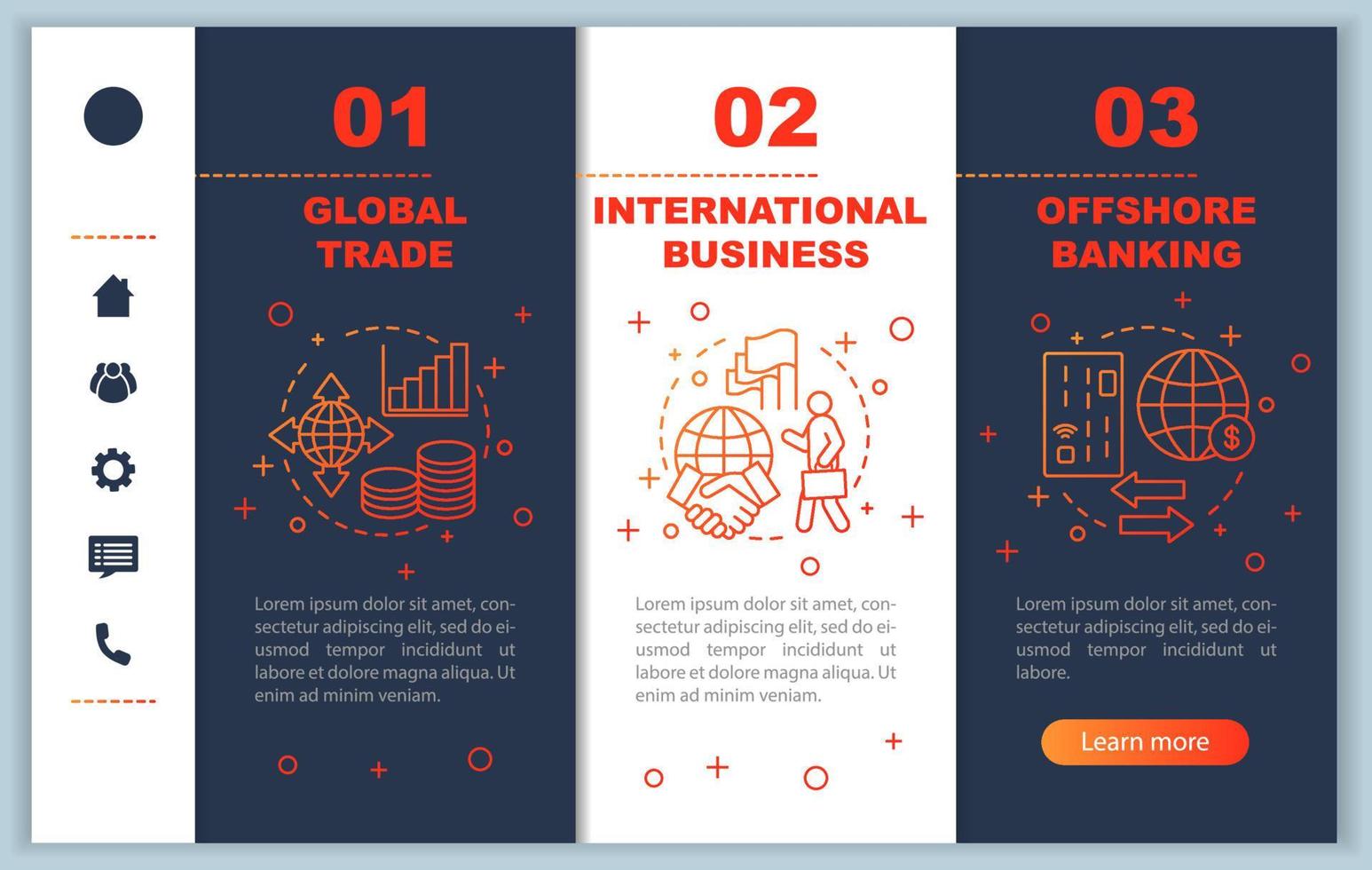 plantilla de vector de pantalla de página de aplicación móvil de incorporación de negocios internacionales. banca extraterritorial, pasos del sitio web del tutorial de comercio global con ilustraciones lineales. ux, ui, concepto de interfaz de teléfono inteligente gui