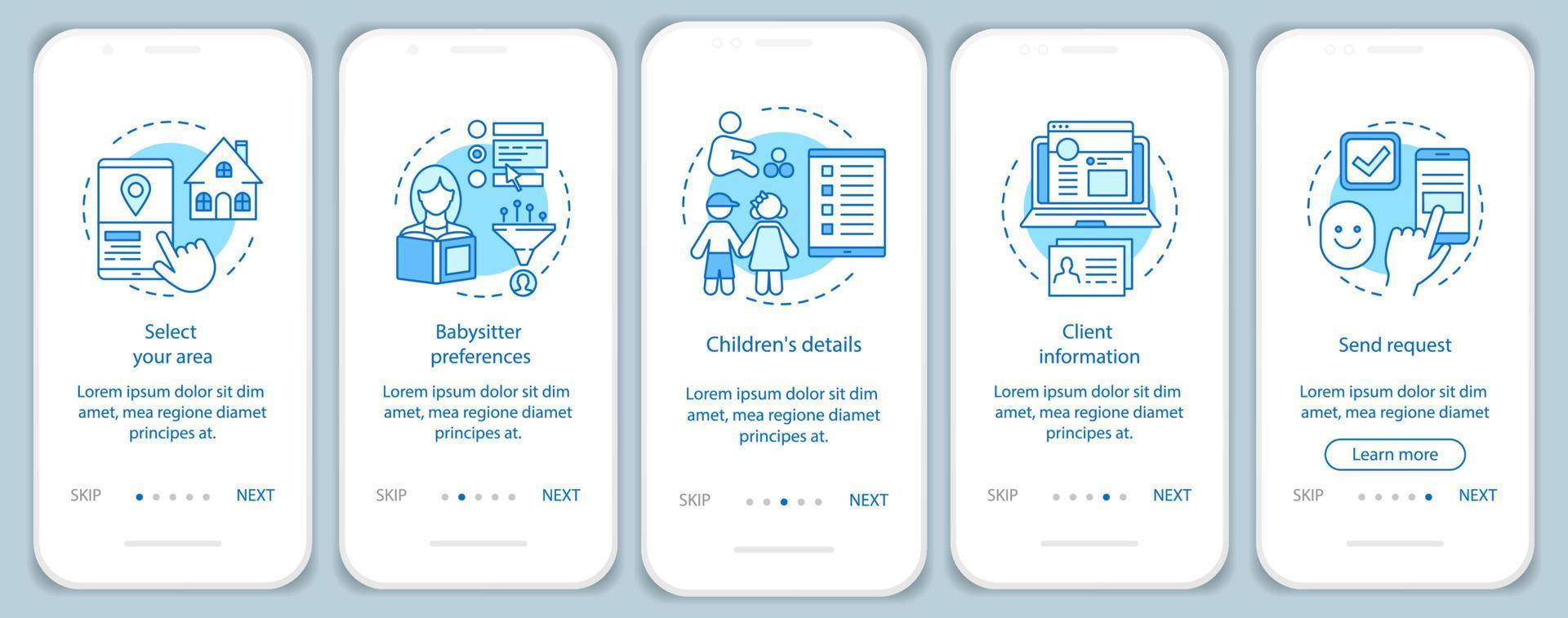 Babysitter reservation onboarding mobile app page screen vector template. Childcare service booking. In-home nanny choosing. Walkthrough website steps. UX, UI, GUI smartphone interface concept