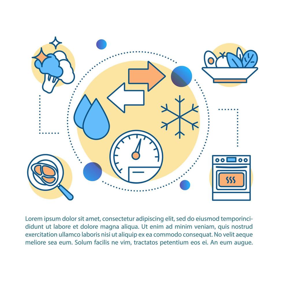 Food processing concept linear illustration. Meal preparation. Cooking. Chill, heating. Article, brochure, magazine page. Thin line icons with text. Print design. Vector isolated outline drawing