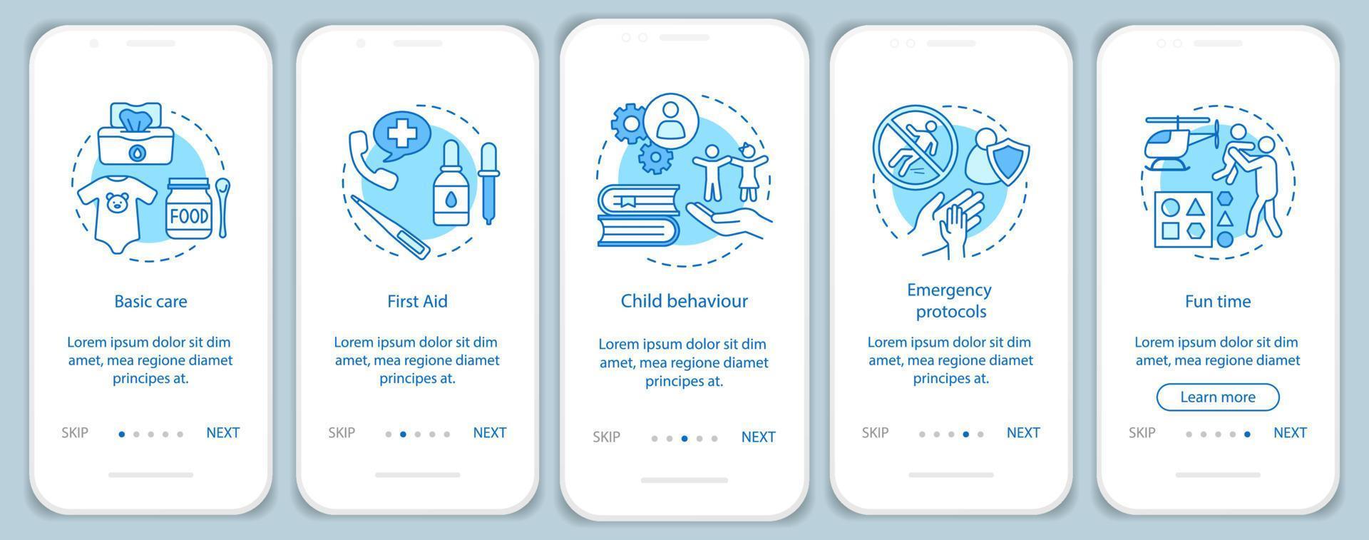 Childcare service onboarding mobile app page screen vector template. Babysitters classes. Walkthrough website steps. Pediatrics. Child care courses program. UX, UI, GUI smartphone interface concept