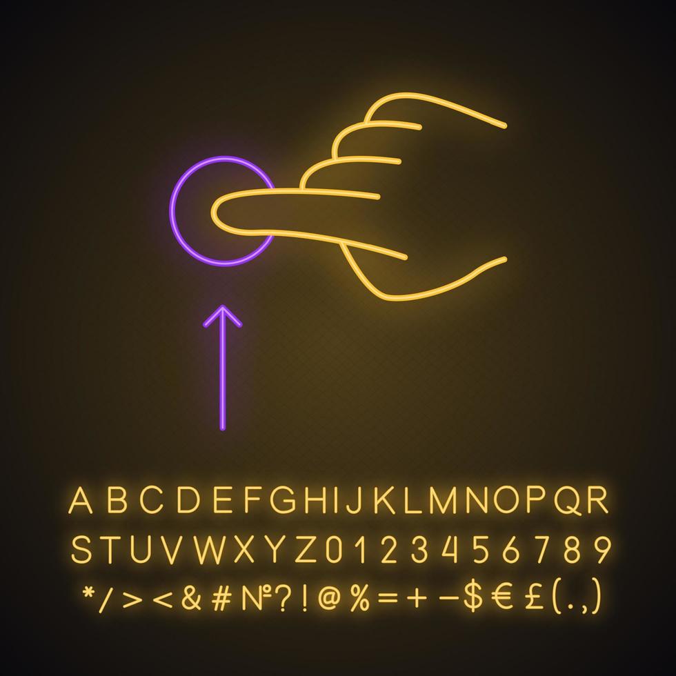 Vertical scroll up gesturing neon light icon. Touchscreen gesture. Tap, point, click. Using sensory devices. Glowing sign with alphabet, numbers and symbols. Vector isolated illustration