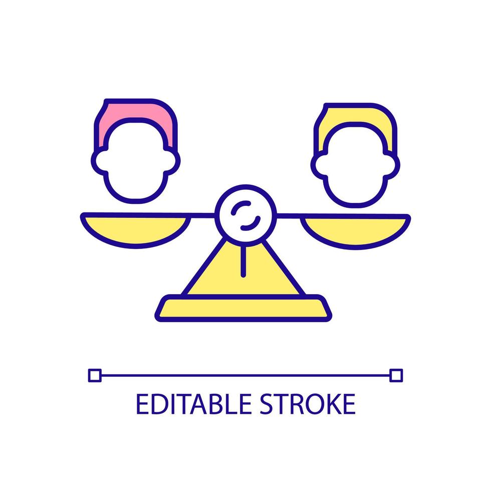Equal staff members opportunity RGB color icon. Prevent employees discrimination. Responsibilities balance. Isolated vector illustration. Simple filled line drawing. Editable stroke. Arial font used