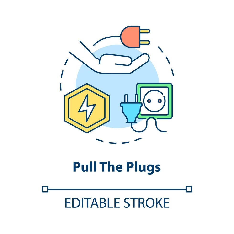 Pull plugs concept icon. Save energy. Climate changes prevention abstract idea thin line illustration. Isolated outline drawing. Editable stroke. Roboto-Medium, Myriad Pro-Bold fonts used vector