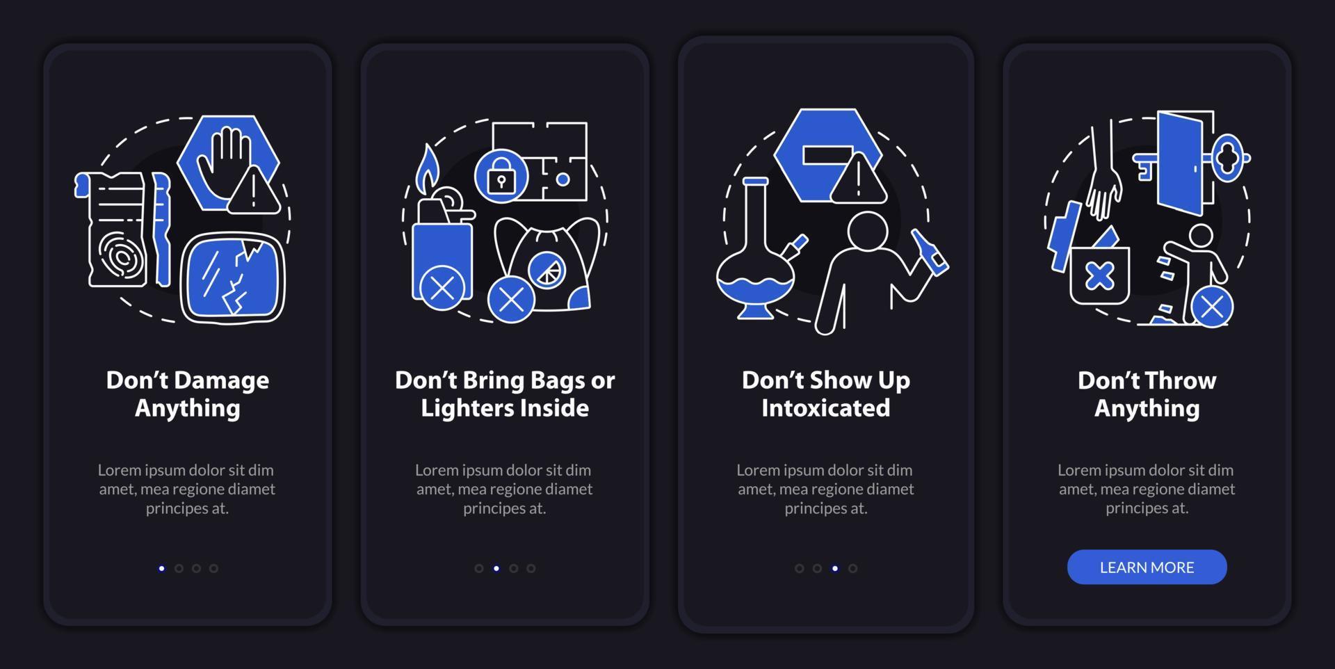 Escape room regulations night mode onboarding mobile app screen. Walkthrough 4 steps graphic instructions pages with linear concepts. UI, UX, GUI template. Myriad Pro-Bold, Regular fonts used vector