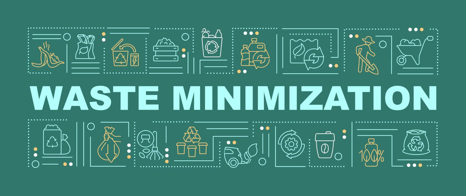 Waste minimization word concepts green banner. Reuse and recycle. Infographics with linear icons on background. Isolated typography. Vector color illustration with text. Arial-Black font used