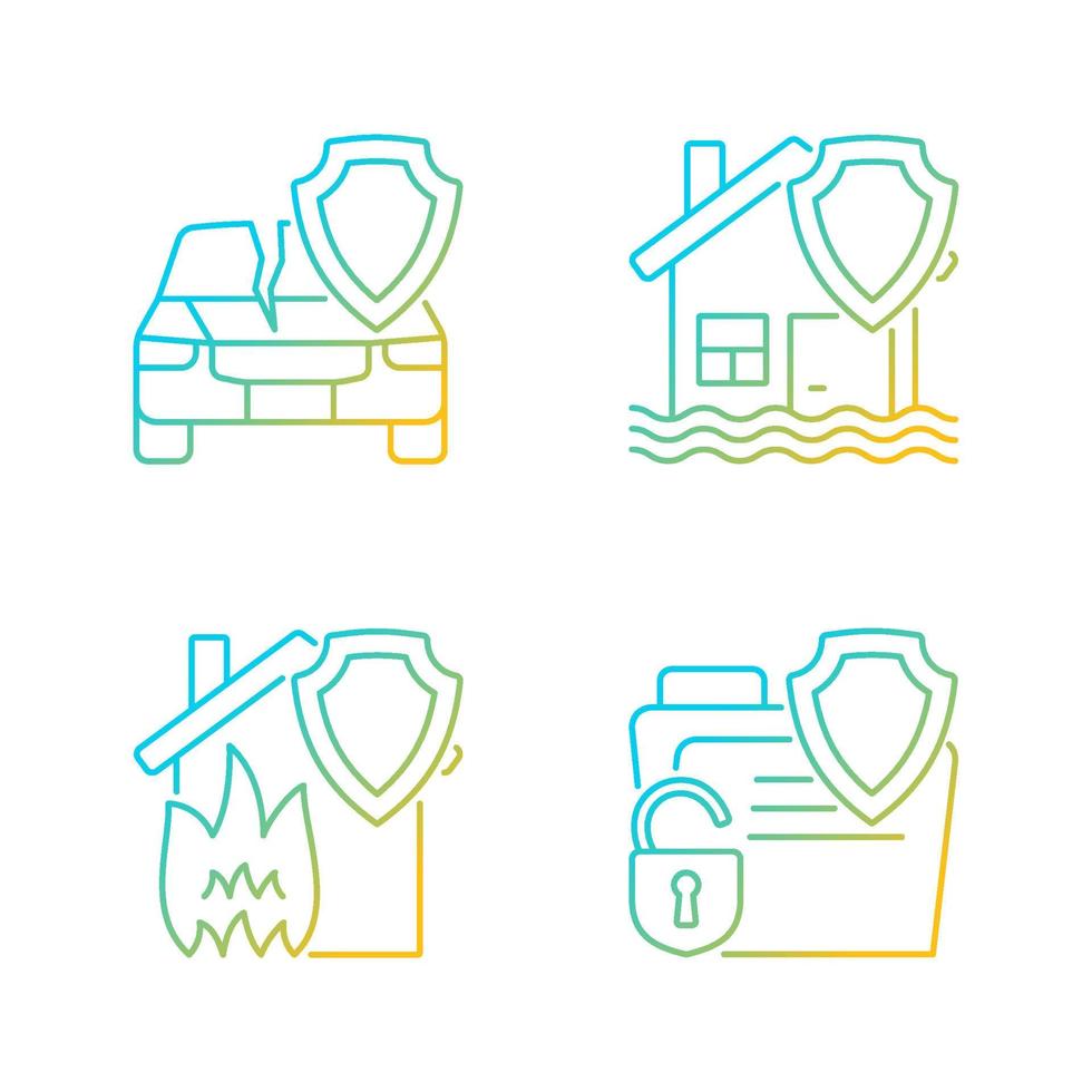 Insurance protection types gradient linear vector icons set. Guaranteed safety at accident. Covering different case types. Thin line contour symbols bundle. Isolated outline illustrations collection