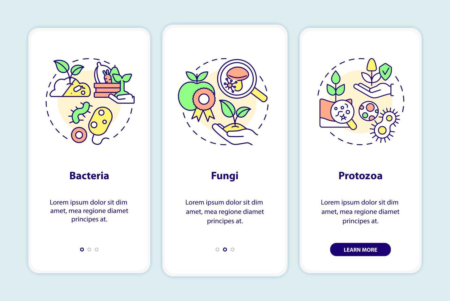 Agricultural microbiology onboarding mobile app screen. Bacteria, fungi walkthrough 3 steps graphic instructions pages with linear concepts. UI, UX, GUI template. Myriad Pro-Bold, Regular fonts used vector