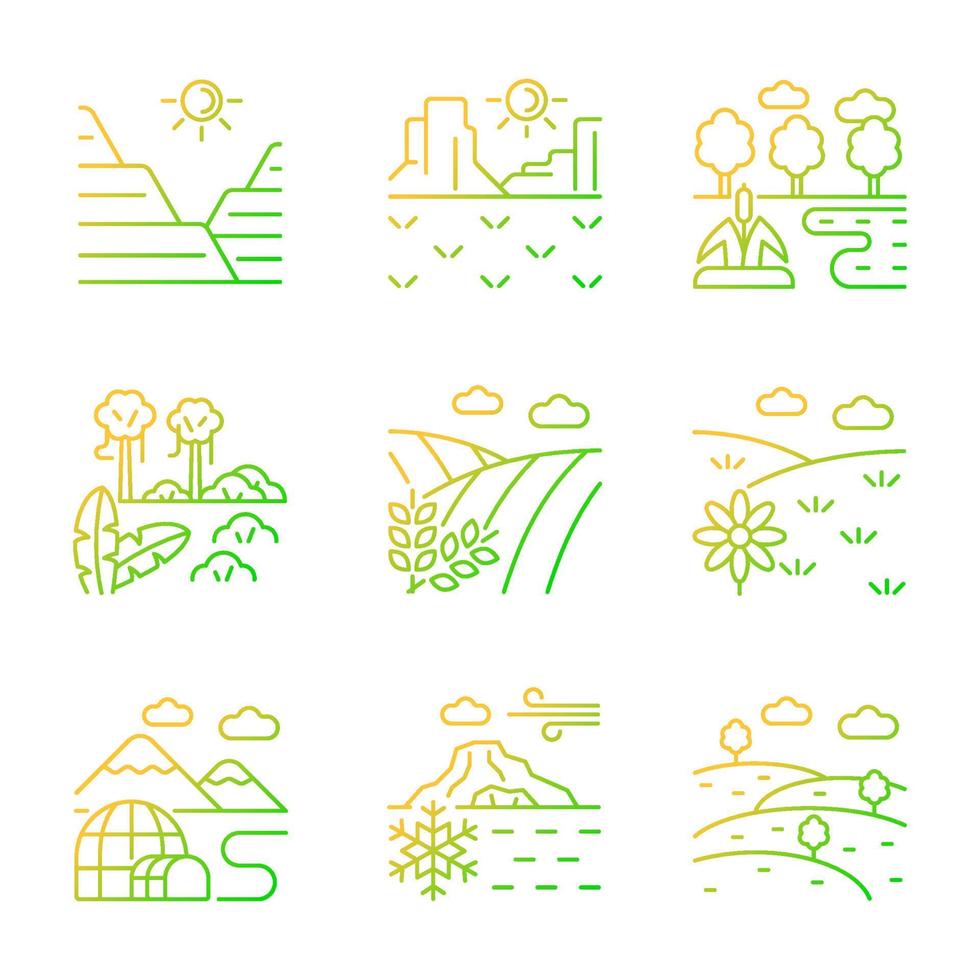 Biomes and landforms gradient linear vector icons set. Land type diversity. Climate zones. Northern and southern regions. Thin line contour symbols bundle. Isolated outline illustrations collection