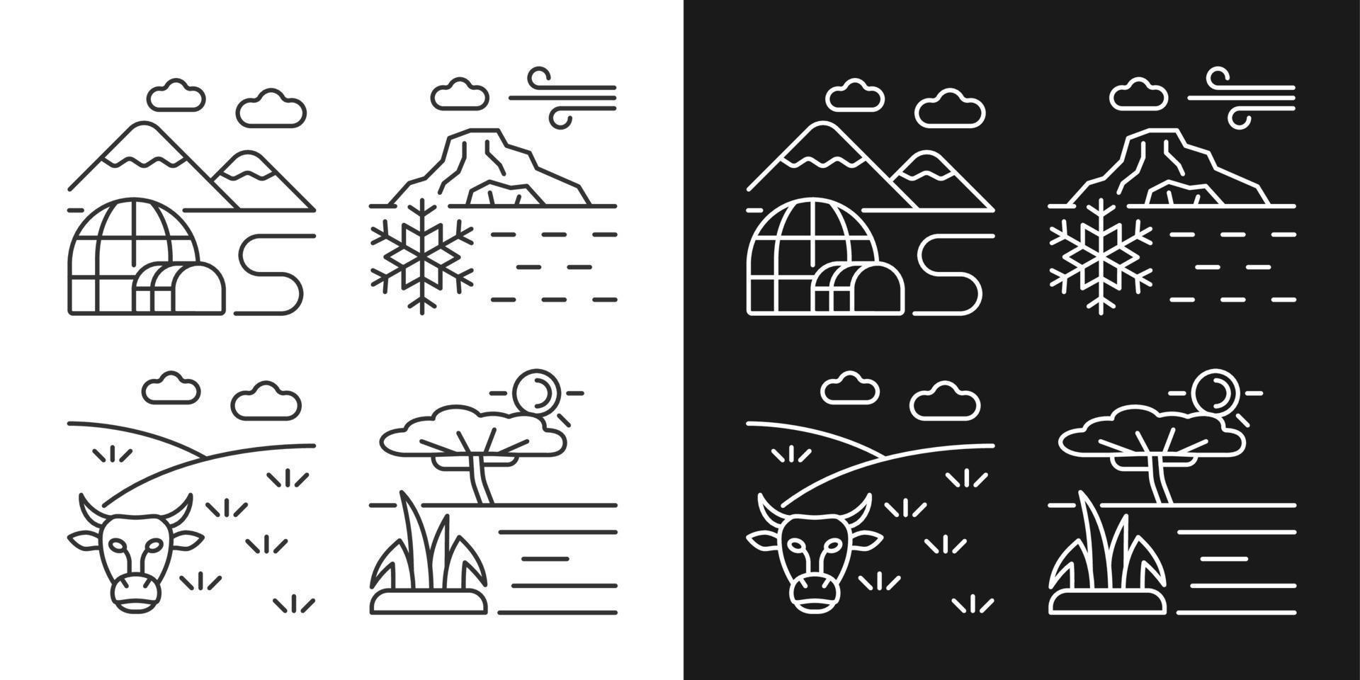 iconos lineales de zonas climáticas establecidos para modo oscuro y claro.  regiones sur y norte. clima templado. símbolos de línea fina  personalizables. ilustraciones aisladas de contorno vectorial. trazo  editable 5746568 Vector en