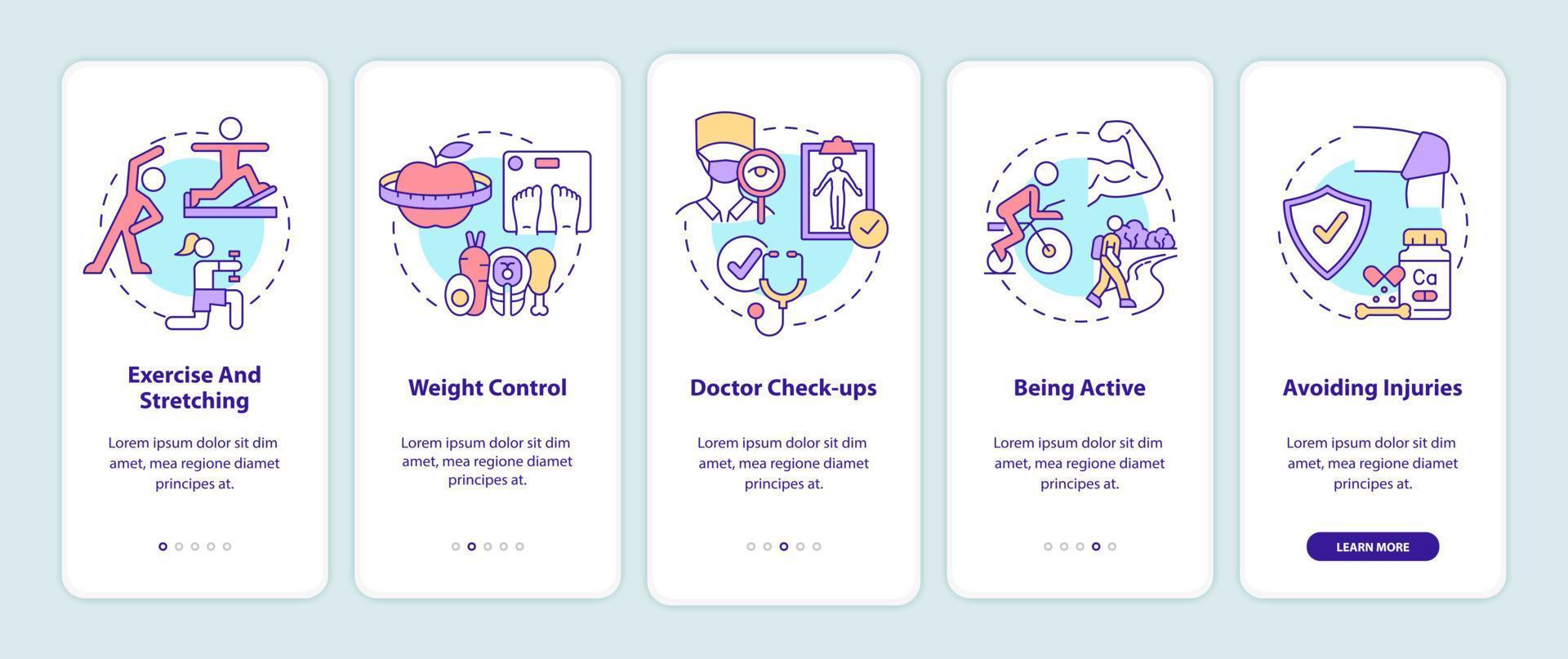 Risk of arthritis reduction onboarding mobile app page screen. Prevent disorder walkthrough 5 steps graphic instructions with concepts. UI, UX, GUI vector template with linear color illustrations