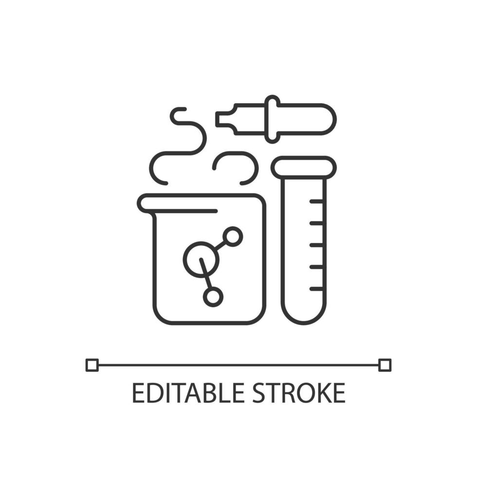 Chemistry linear icon. Chemical reaction in beaker. Test tube, pipette. Laboratory equipment. Thin line customizable illustration. Contour symbol. Vector isolated outline drawing. Editable stroke