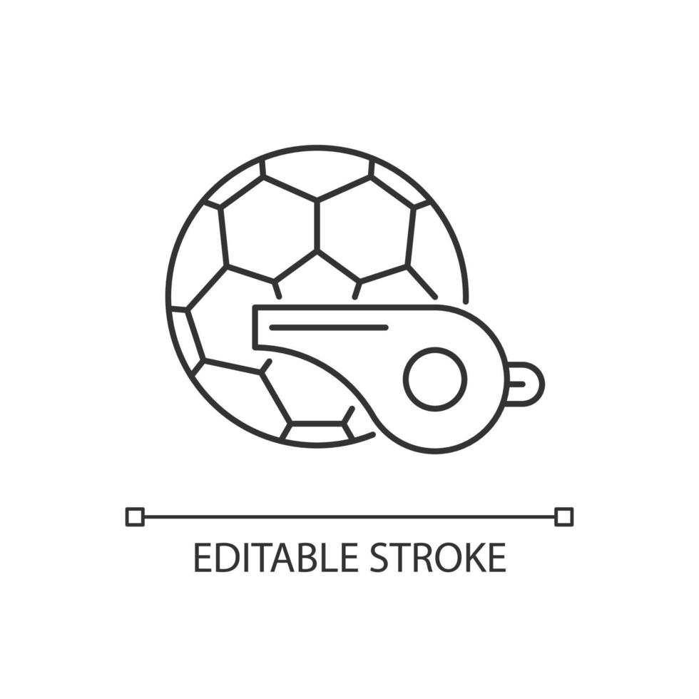 Physical training linear icon. Soccer ball, whistle. Sport activities. Healthy lifestyle. Thin line customizable illustration. Contour symbol. Vector isolated outline drawing. Editable stroke