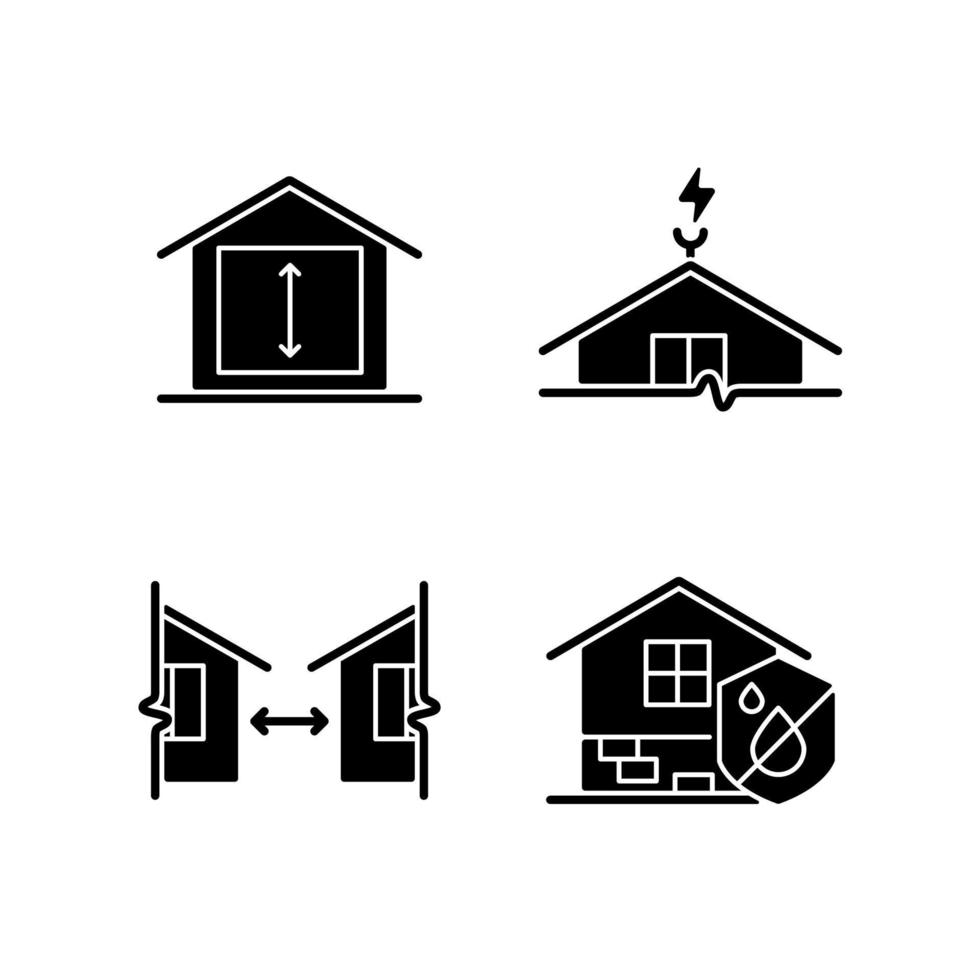 Building safe house black glyph icons set on white space. Minimum ceiling heights. Lightning rod. Distance between buildings. Damp proofing. Silhouette symbols. Vector isolated illustration