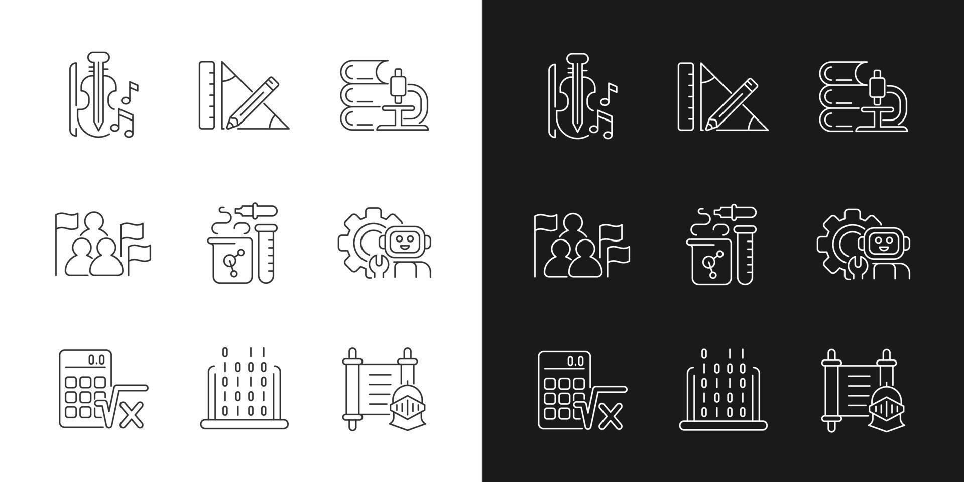 Different types of school subjects linear icons set for dark and light mode. Scientific study. Music classes. Customizable thin line symbols. Isolated vector outline illustrations. Editable stroke