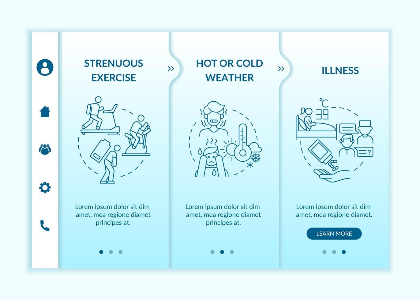 Increased fluid consumption blue gradient onboarding vector template. Responsive mobile website with icons. Web page walkthrough 3 step screens. Rehydration color concept with linear illustrations