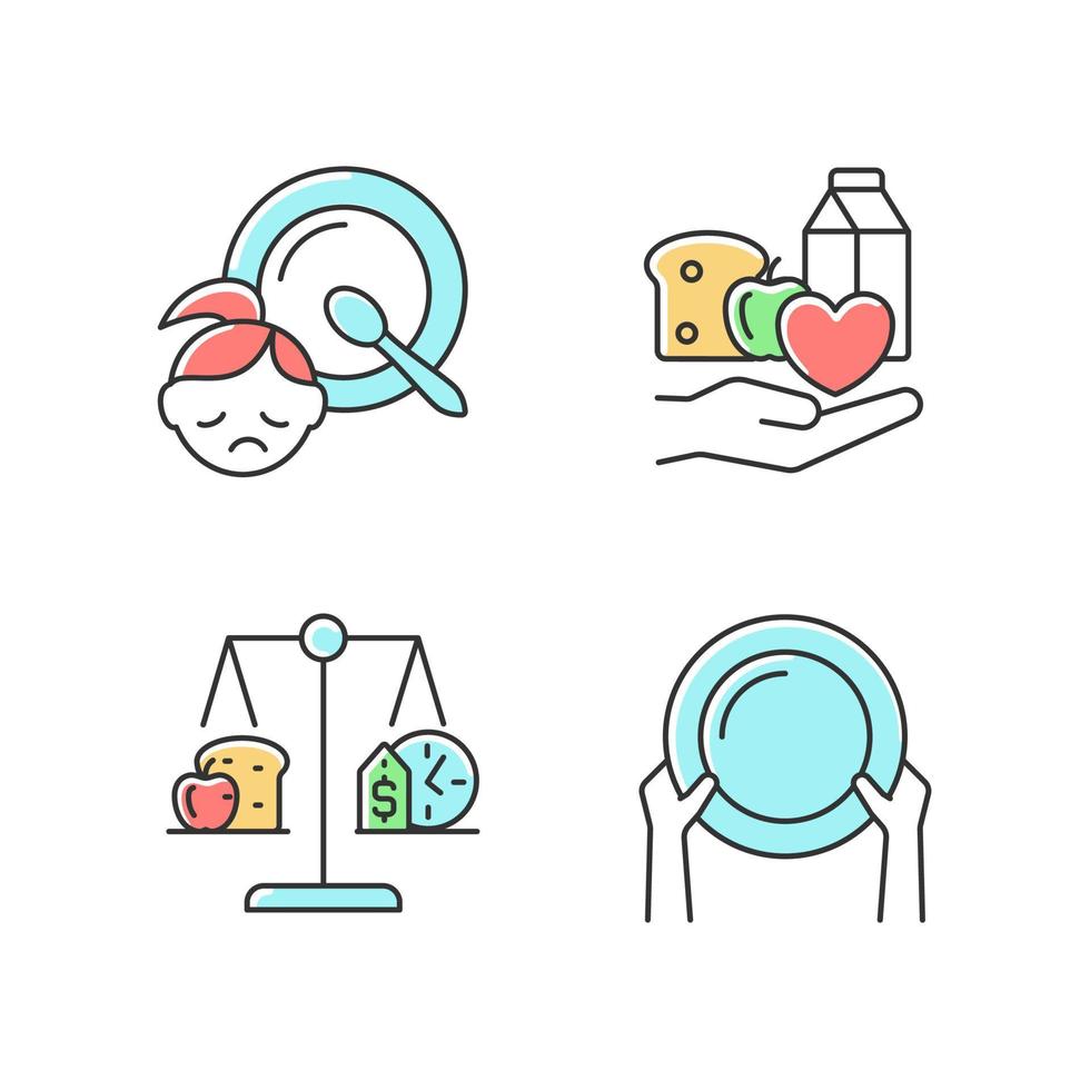 Helping people in need RGB color icons set. Food donation and charity. Poverty and hunger. Nutrition stability. Isolated vector illustrations. Simple filled line drawings collection