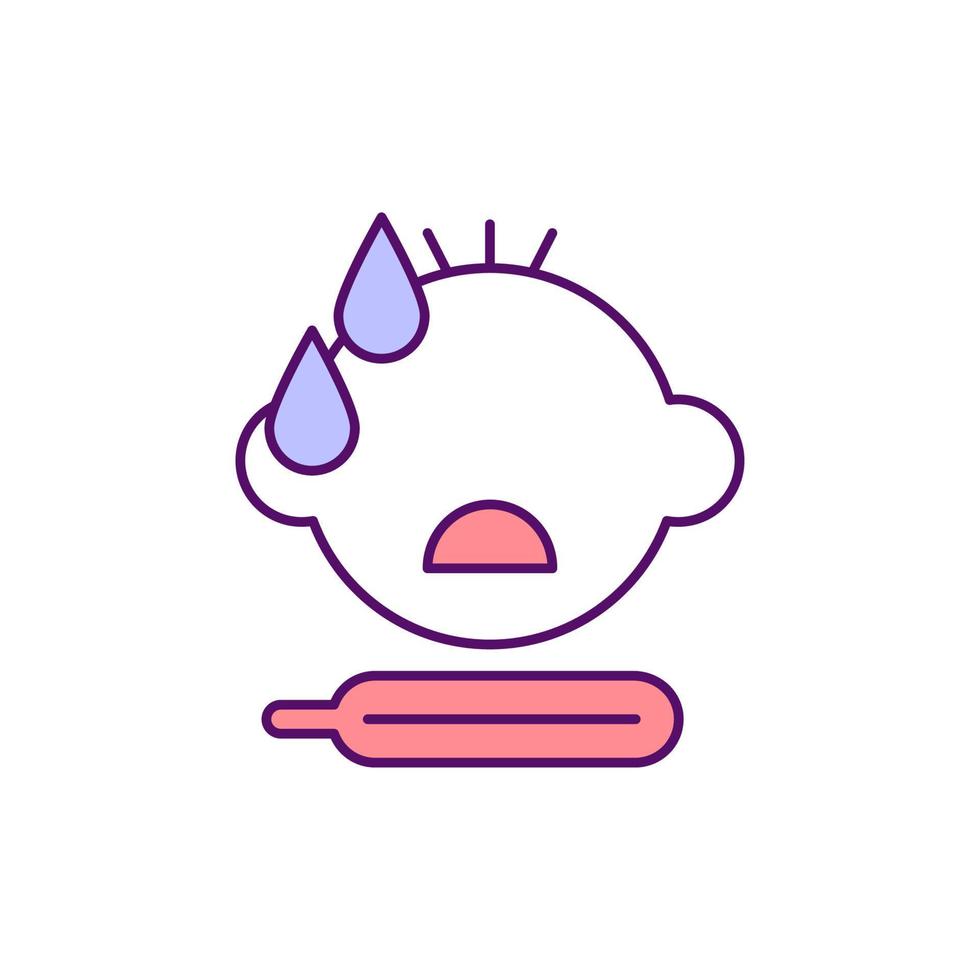 Fever in baby RGB color icon. Viral infection symptom. Childhood pneumonia. High temperature in little child. Medical condition. Sick toddler. Isolated vector illustration. Simple filled line drawing