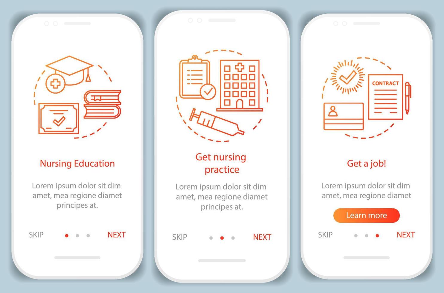 Nursing education onboarding mobile app page screen vector template. Become caregiver walkthrough website steps with linear illustrations. Getting carer, nurse job. UX, UI, GUI smartphone interface