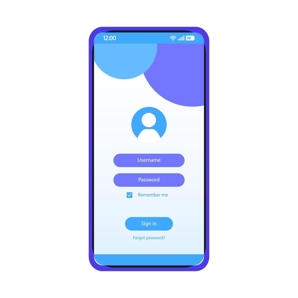 Login page smartphone interface vector template. Mobile app page blue design layout. Username, password fields. User authorization screen. Flat UI for application. Forgot password. Phone display