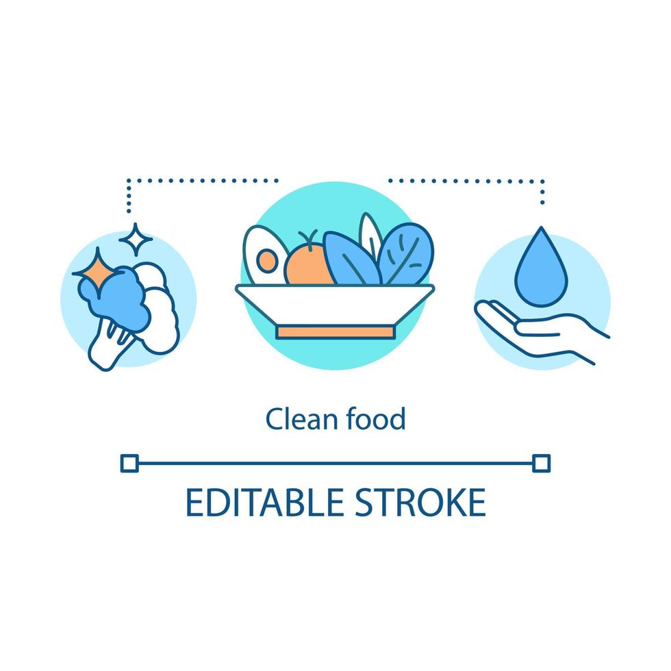 icono de concepto de limpieza y desinfección de alimentos. idea de cocina ilustración de línea delgada. elaboración, manipulación, preparación, higiene de los alimentos. nutrición saludable. dibujo de contorno aislado vectorial. trazo comestible vector