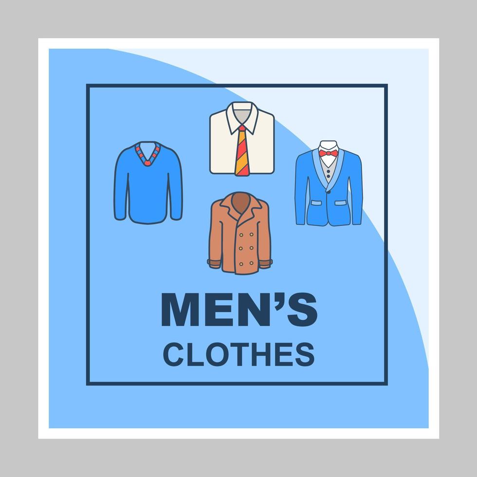 tienda de ropa para hombres maqueta de publicaciones en redes sociales. blog de moda. plantilla de diseño de banner web publicitario. refuerzo de redes sociales, diseño de contenido. borde de promoción aislado, marco con titulares, iconos lineales vector