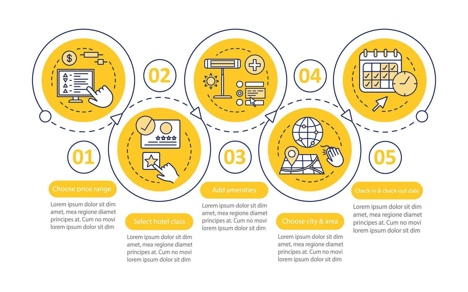 Hotel booking vector infographic template. Apartment reservation. Business presentation design elements. Data visualization with steps and options. Process timeline chart. Workflow layout with icons