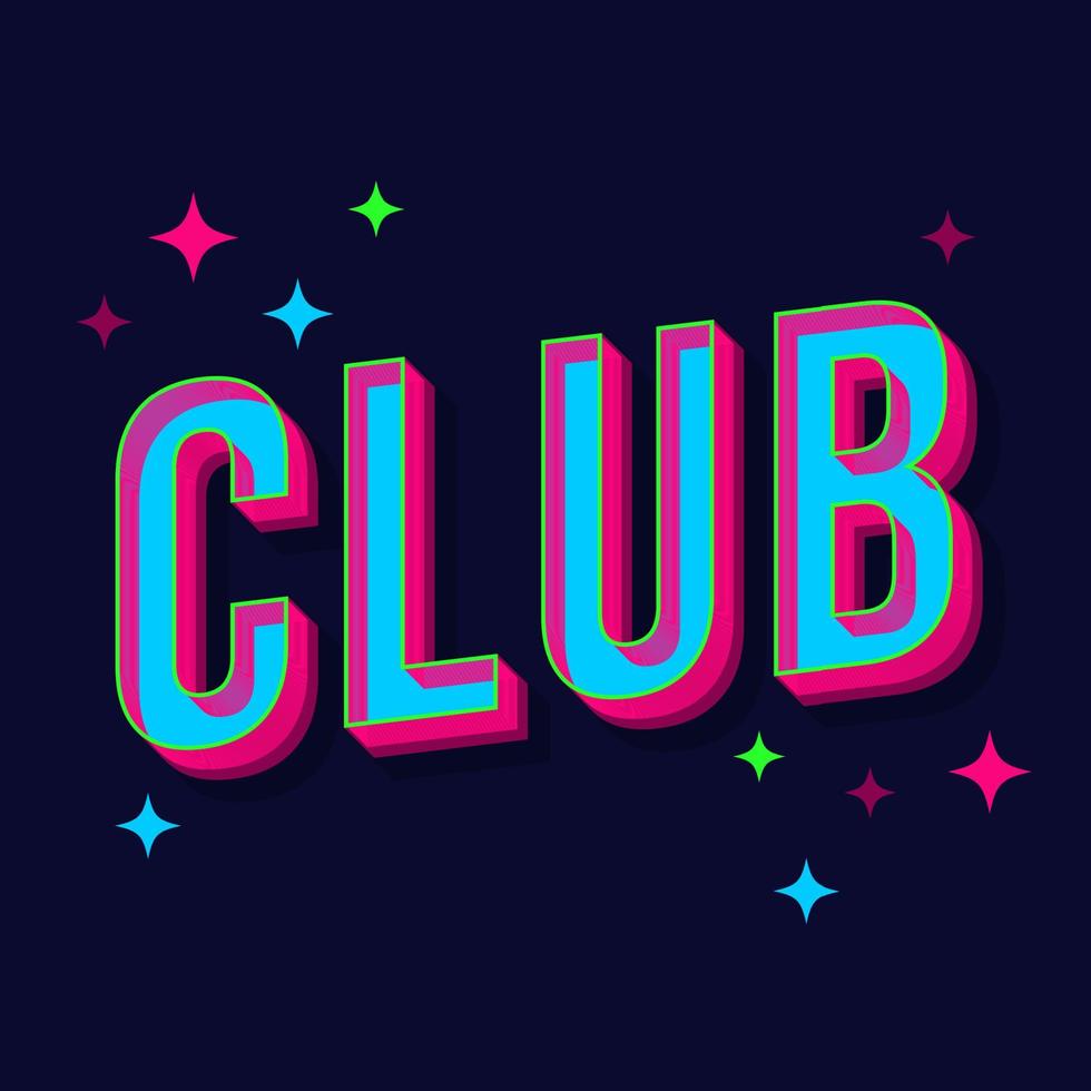 Club vintage 3d vector lettering. Retro bold font, typeface. Pop art stylized text. Old school style letters. 90s, 80s promo poster, banner, t shirt typography design. Dark blue color background.