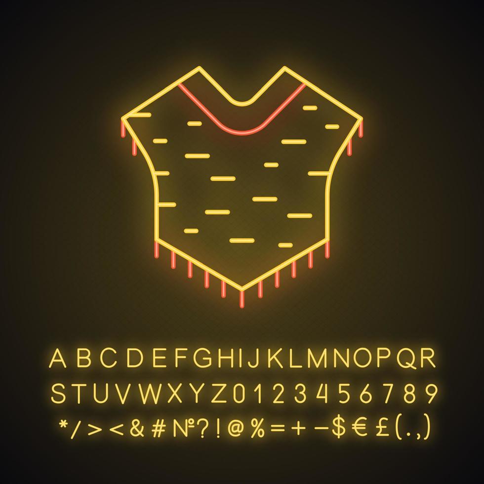 Poncho neon light icon. South American traditional clothes. Fringed woolen cape. Glowing sign with alphabet, numbers and symbols. Vector isolated illustration