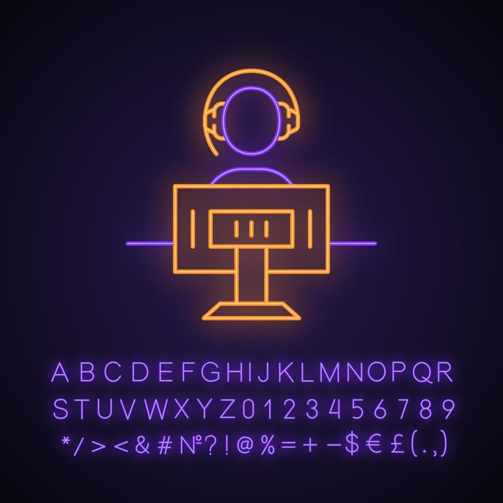 Game player neon light icon. Pro gamer. Esports competitor. Gameplay. Gaming environment. Glowing sign with alphabet, numbers and symbols. Vector isolated illustration