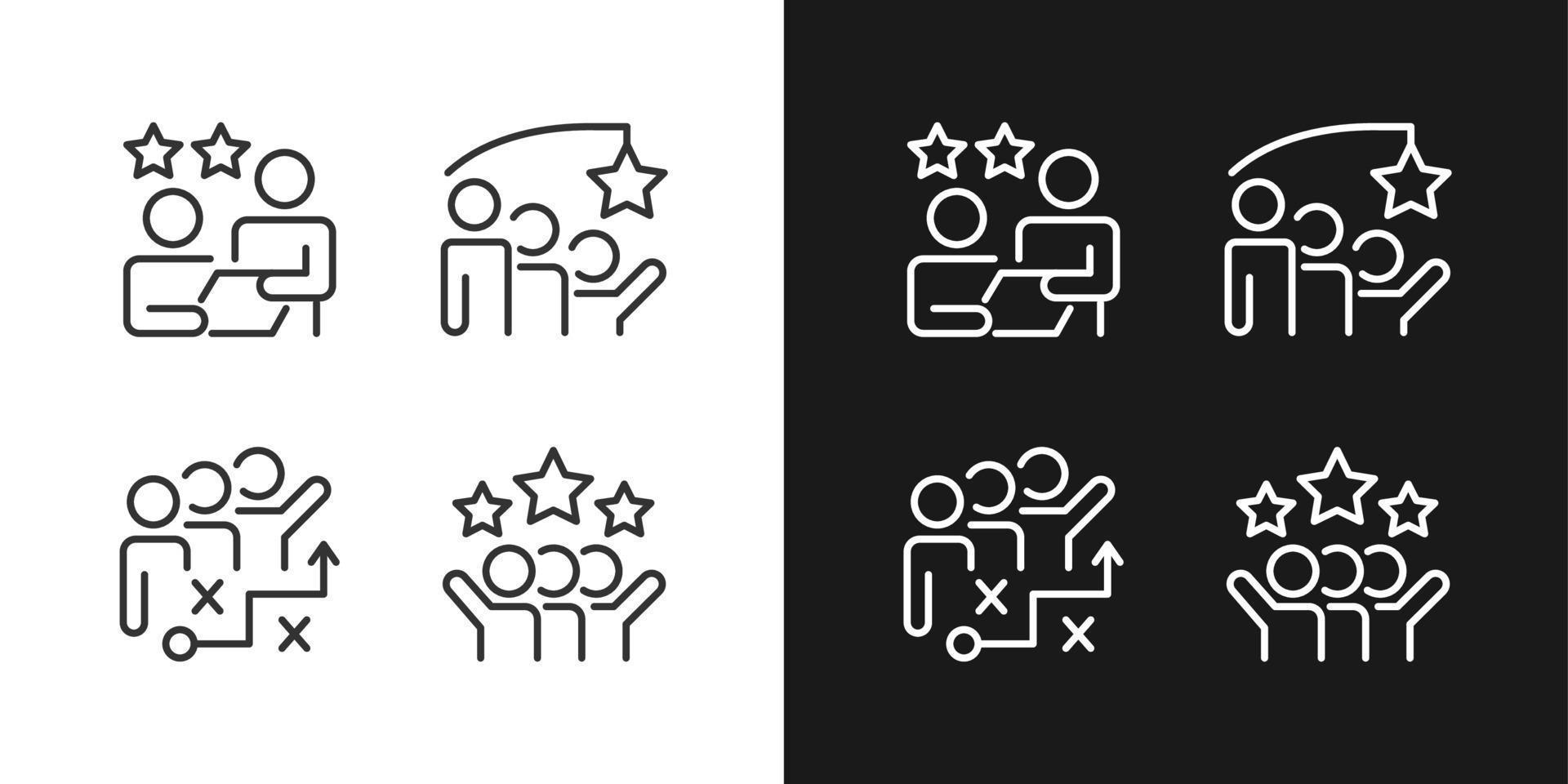 Group achievement pixel perfect linear icons set for dark, light mode. Stategy planning. Successful cooperation. Thin line symbols for night, day theme. Isolated illustrations. Editable stroke vector