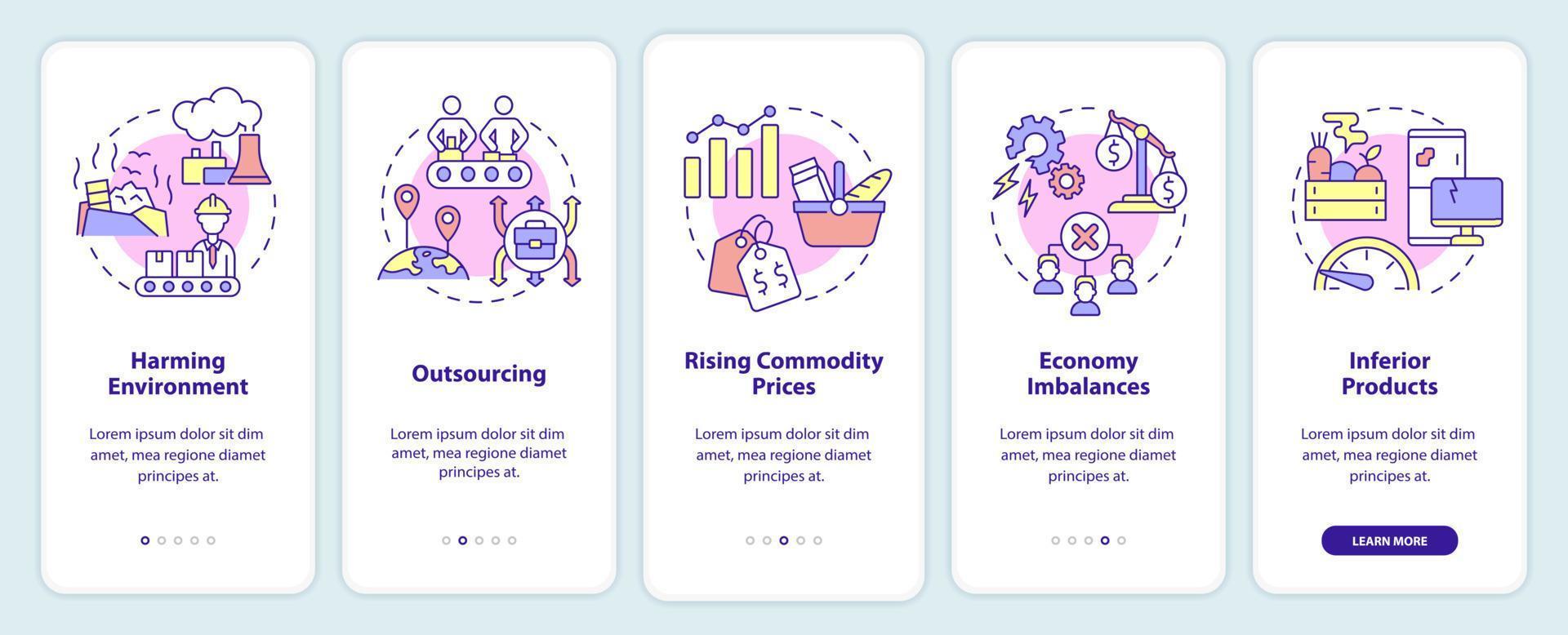 Desventajas de la economía de mercado al incorporar la pantalla de la aplicación móvil. tutorial 5 pasos páginas de instrucciones gráficas con conceptos lineales. interfaz de usuario, ux, plantilla de interfaz gráfica de usuario. innumerables fuentes pro-negrita y regulares utilizadas vector