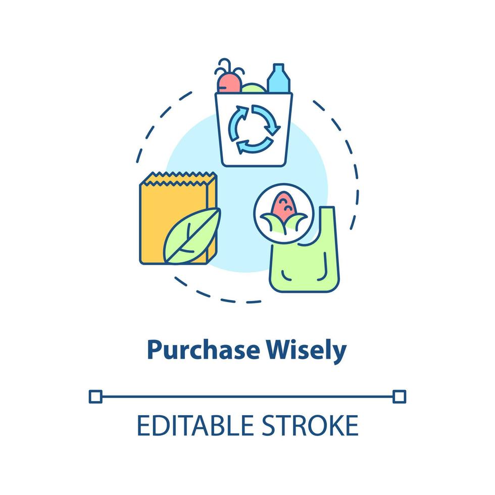 Purchase wisely concept icon. Buy disposable bags. Minimize waste abstract idea thin line illustration. Isolated outline drawing. Editable stroke. Roboto-Medium, Myriad Pro-Bold fonts used vector
