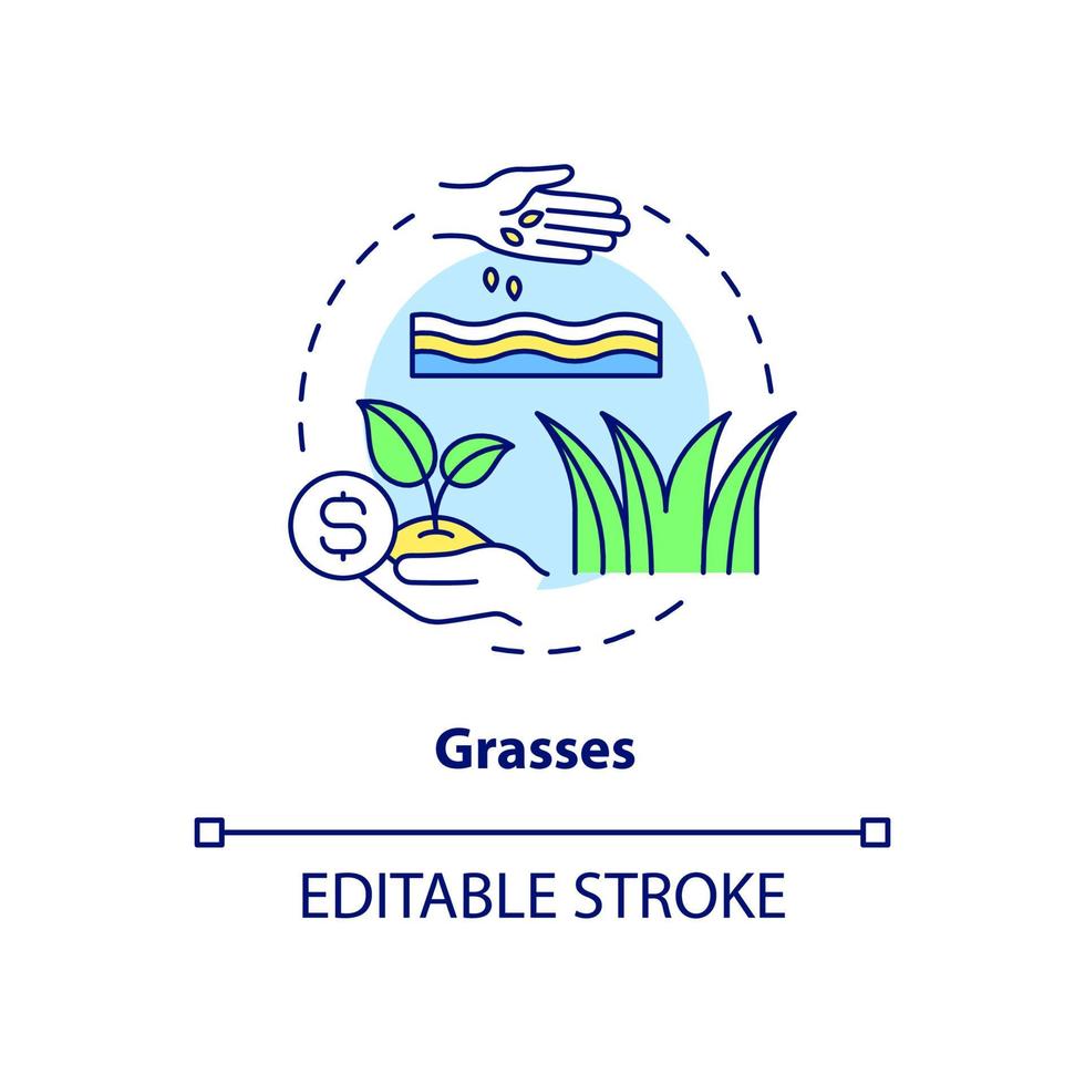 Grasses concept icon. Biomass energy source on farm abstract idea thin line illustration. Living plant material. Isolated outline drawing. Editable stroke. Roboto-Medium, Myriad Pro-Bold fonts used vector