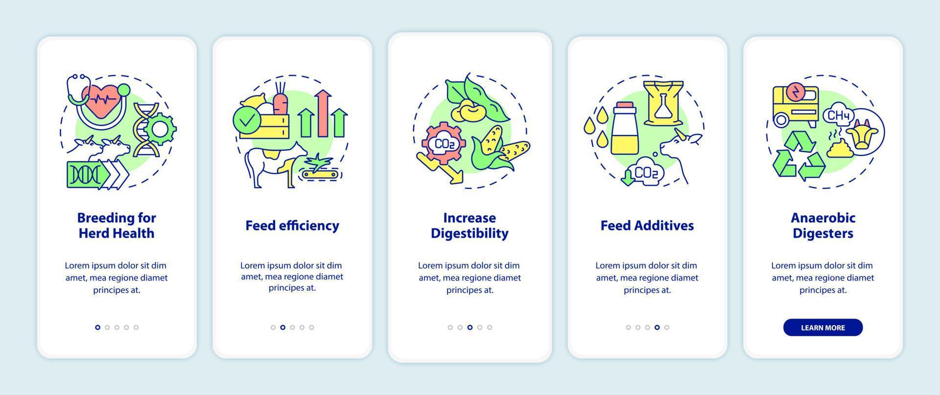 Livestock greenhouse gases reduction onboarding mobile app screen. Walkthrough 5 steps graphic instructions pages with linear concepts. UI, UX, GUI template. Myriad Pro-Bold, Regular fonts used vector