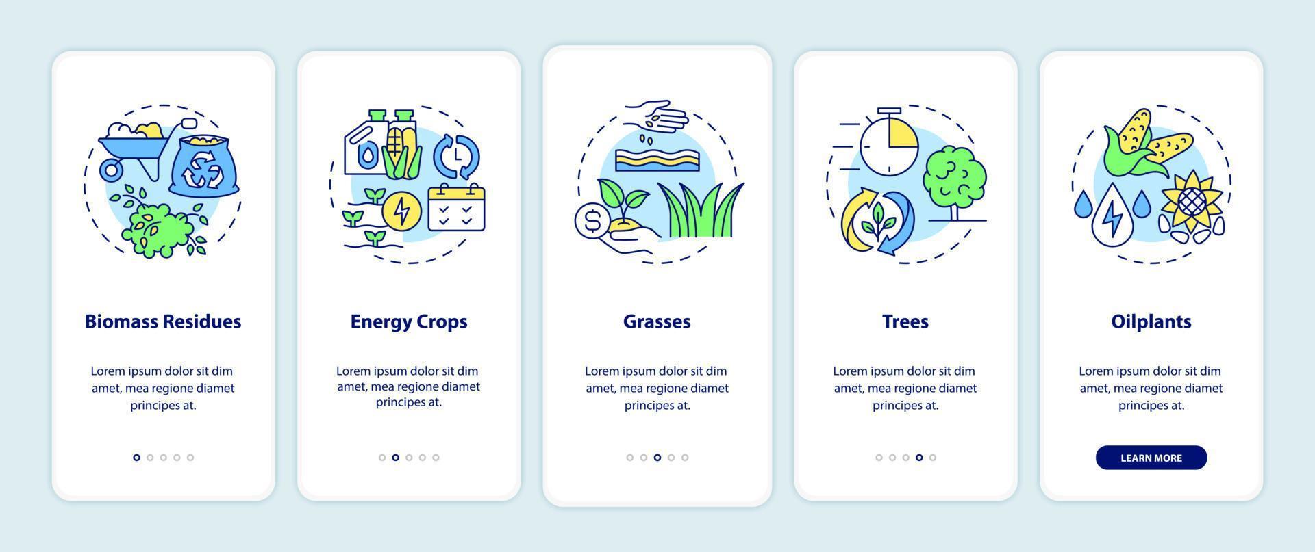 fuentes de energía de biomasa en la pantalla de la aplicación móvil de incorporación de la granja. Tutorial de cultivos energéticos Páginas de instrucciones gráficas de 5 pasos con conceptos lineales. interfaz de usuario, ux, plantilla de interfaz gráfica de usuario. innumerables fuentes pro-negrita y regulares utilizadas vector