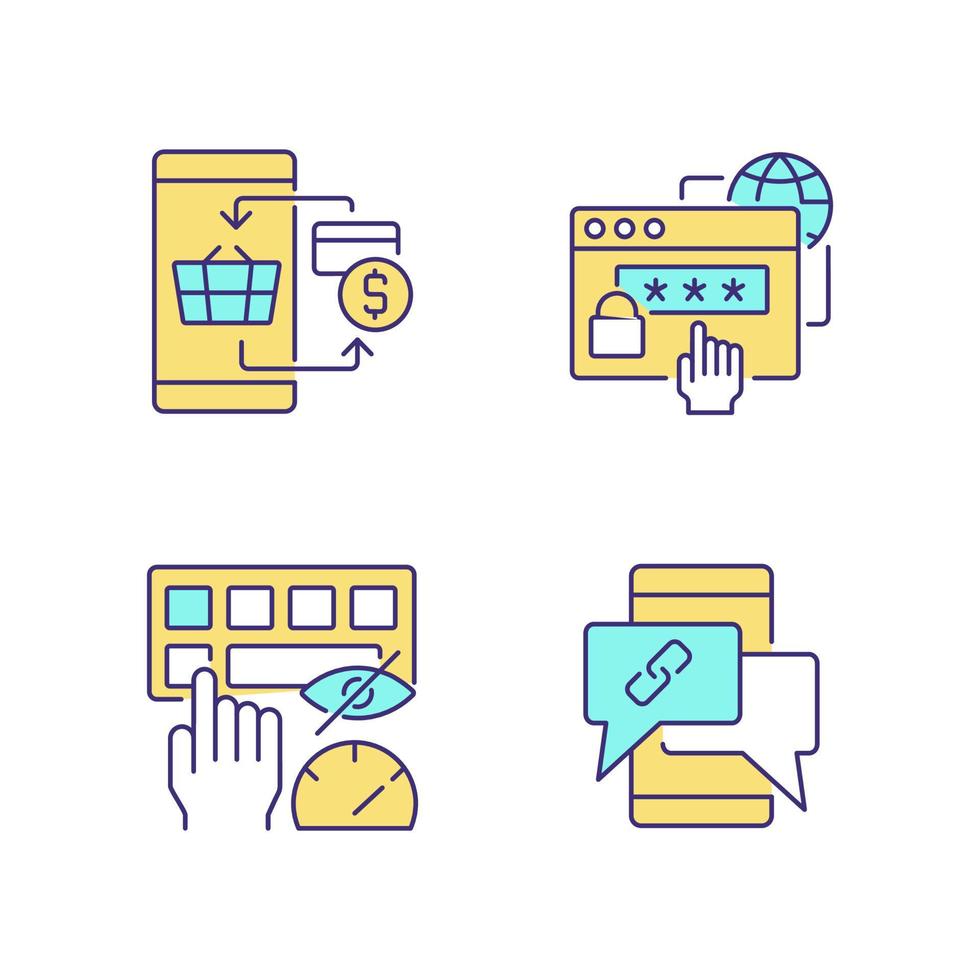 Dealing with digital technology RGB color icons set. Personal security. Contactless payment. Blind typing skills. Isolated vector illustrations. Simple filled line drawings collection. Editable stroke