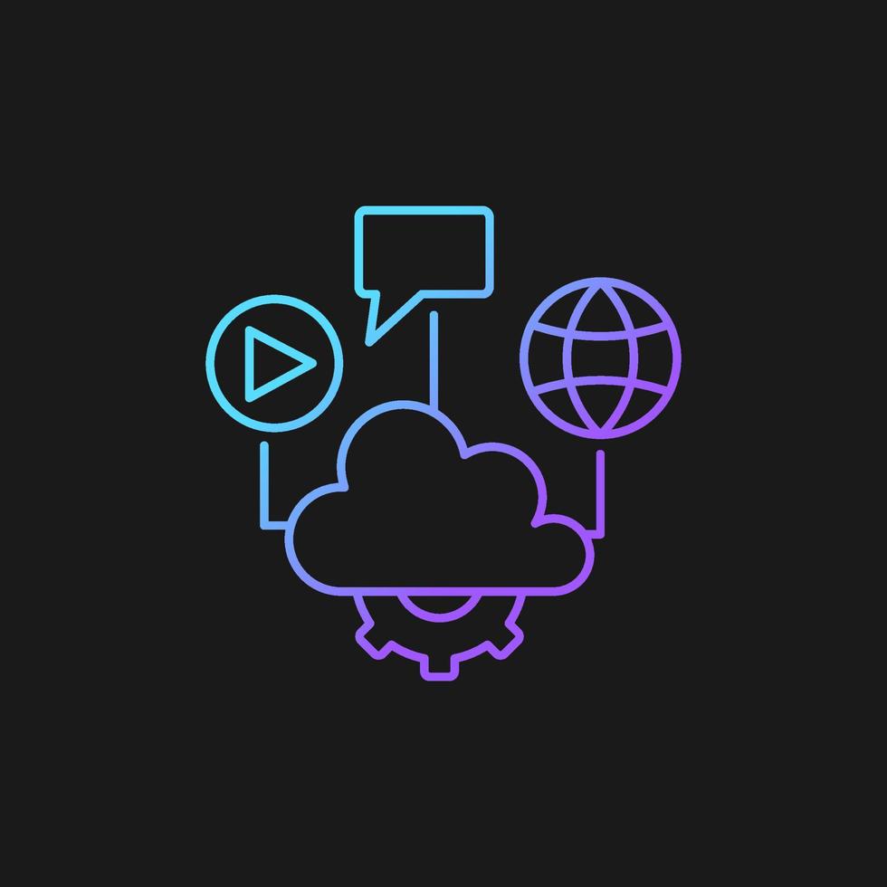 Cloud computing gradient vector icon for dark theme. Files storage and sharing. Computing services delivering. Thin line color symbol. Modern style pictogram. Vector isolated outline drawing