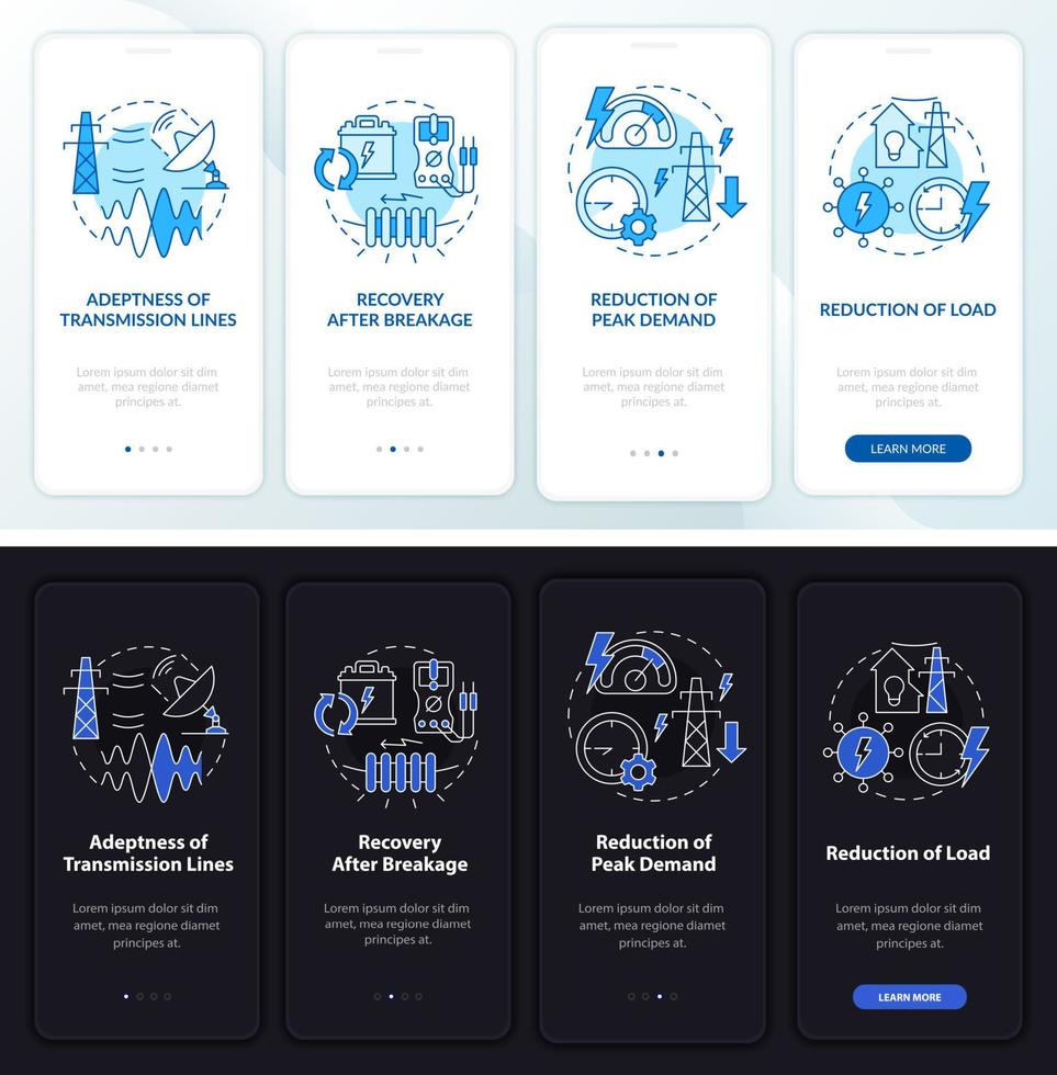 Smart grid system night and day mode onboarding mobile app screen. Power walkthrough 4 steps graphic instructions pages with linear concepts. UI, UX, GUI template. Myriad Pro-Bold, Regular fonts used vector