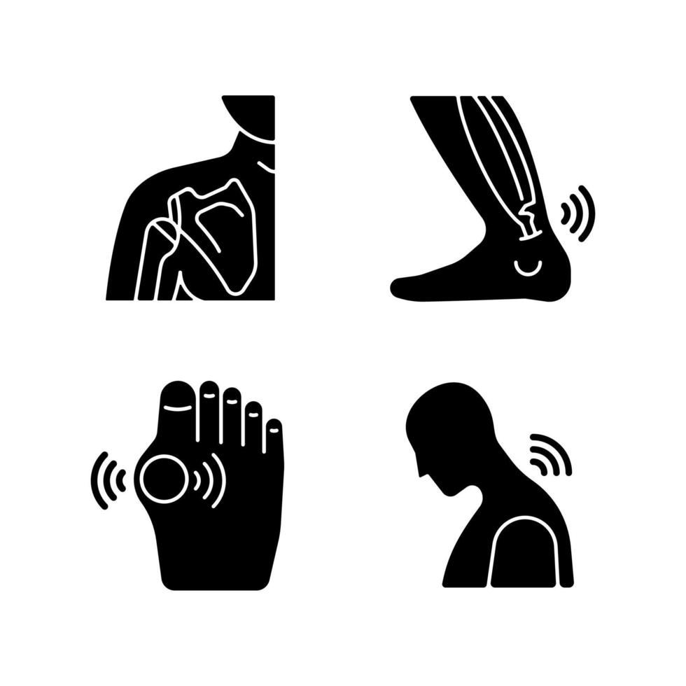 Musculoskeletal pain black glyph icons set on white space. Dislocated shoulder. Muscles overstretching. Uric acid buildup. Neck rheumatism. Silhouette symbols. Vector isolated illustration