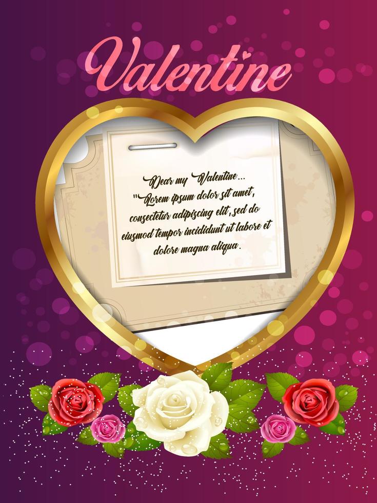 Valentines Day Card Template with Roses Golden Heart Background vector