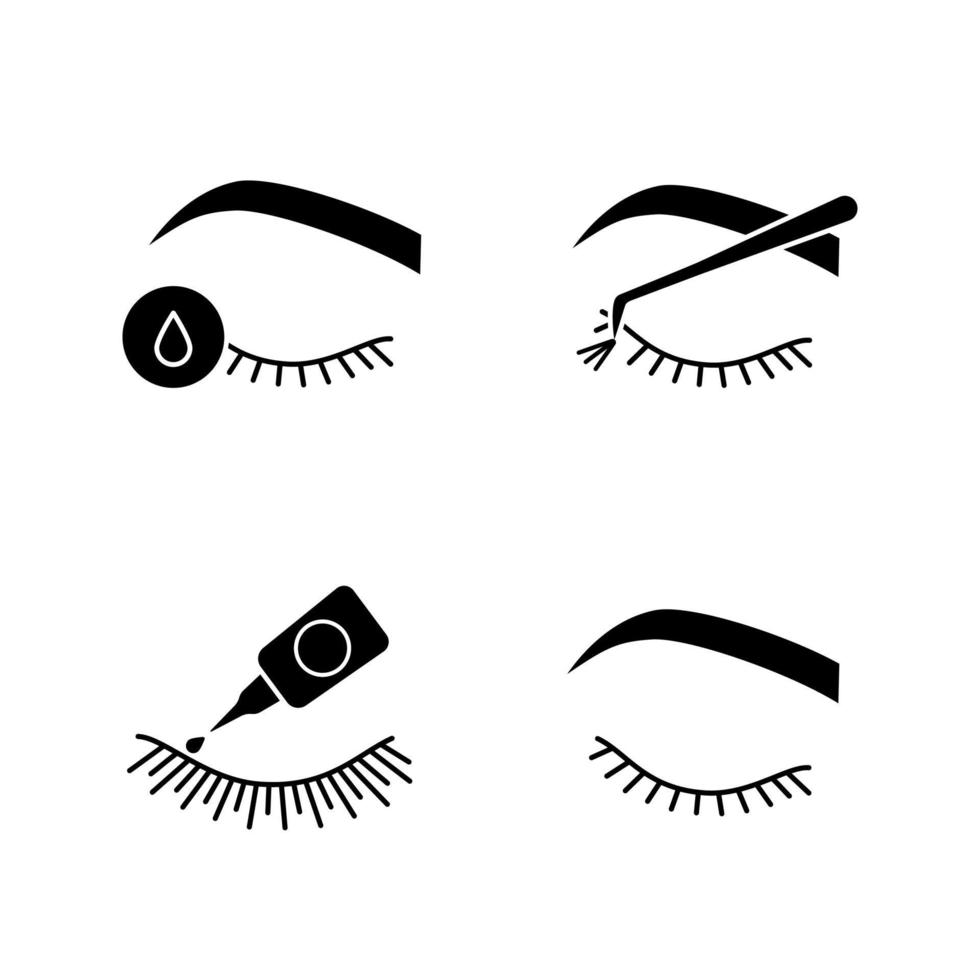 conjunto de iconos de glifo de extensión de pestañas. símbolos de silueta. Pegamento de pestañas postizas, imprimación para extensión de pestañas, racimo, ojo de mujer cerrado. ilustración vectorial aislada vector