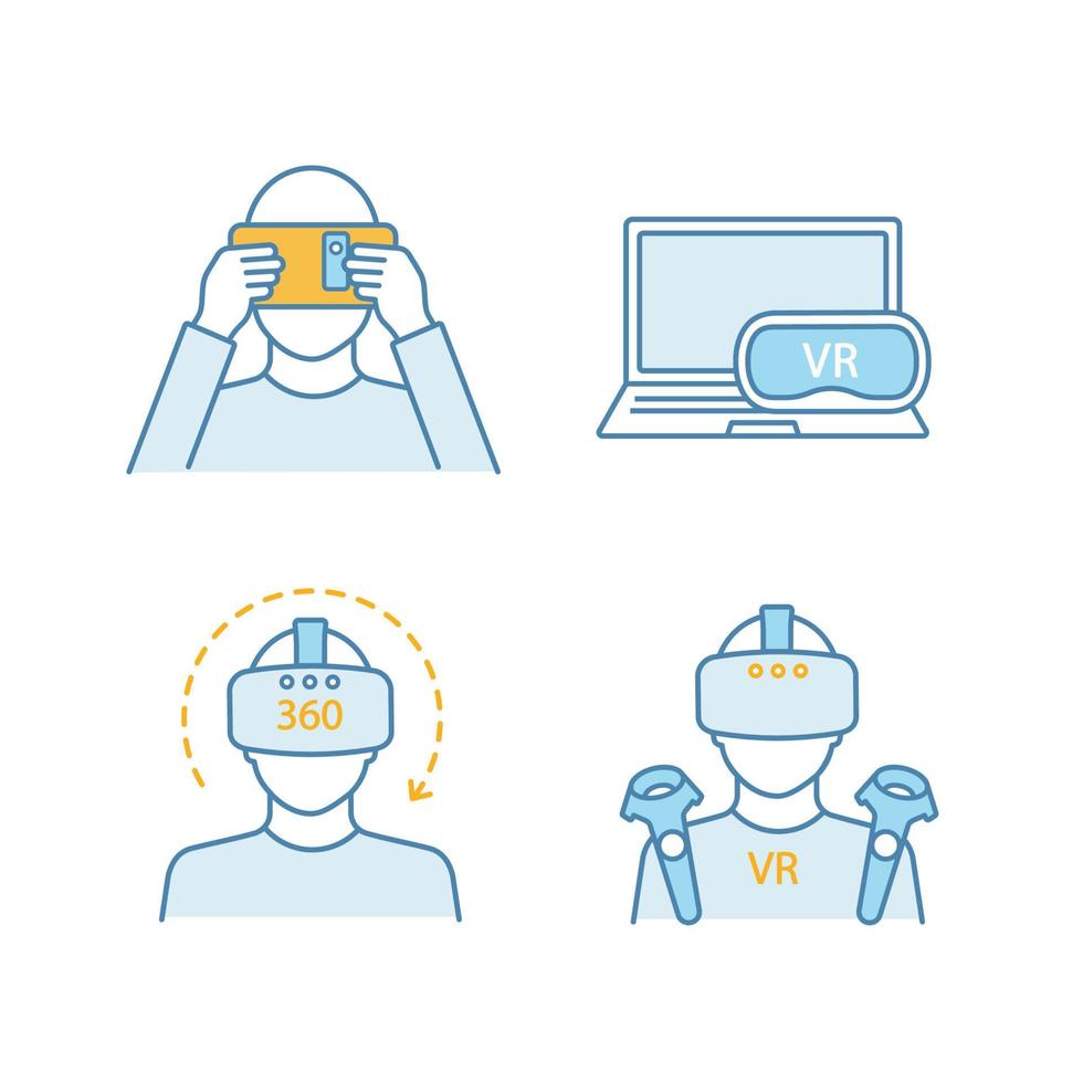 Virtual reality color icons set. VR cardboard, players, computer headset, 360 degree video. Isolated vector illustrations