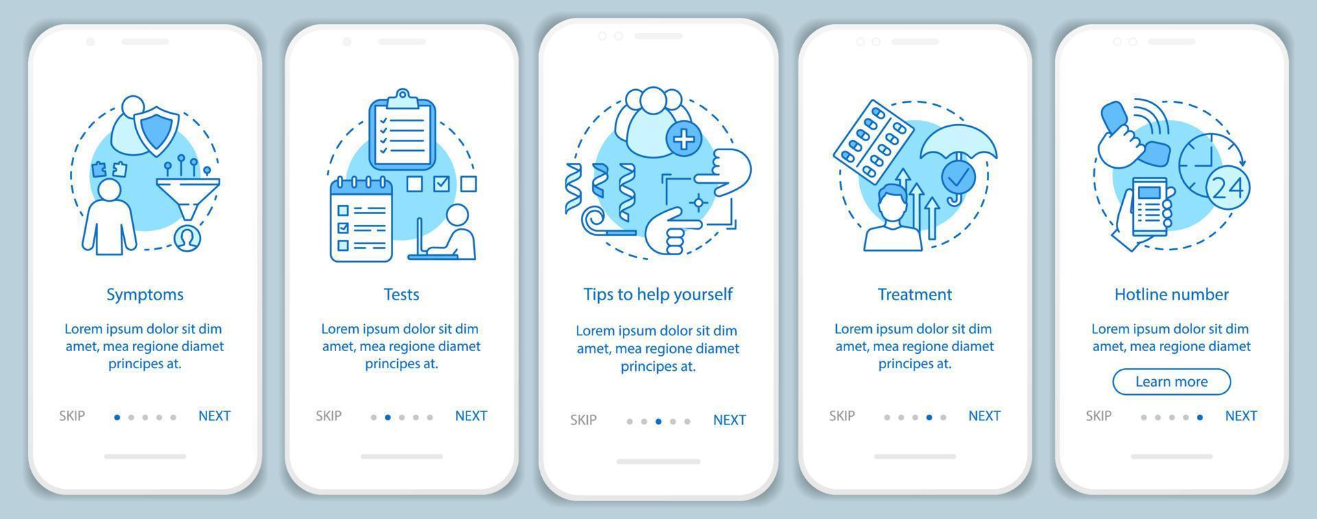 Depression overcoming onboarding mobile app page screen vector template. Symptoms, tests, treatment. Walkthrough website steps with linear illustrations. UX, UI, GUI smartphone interface concept