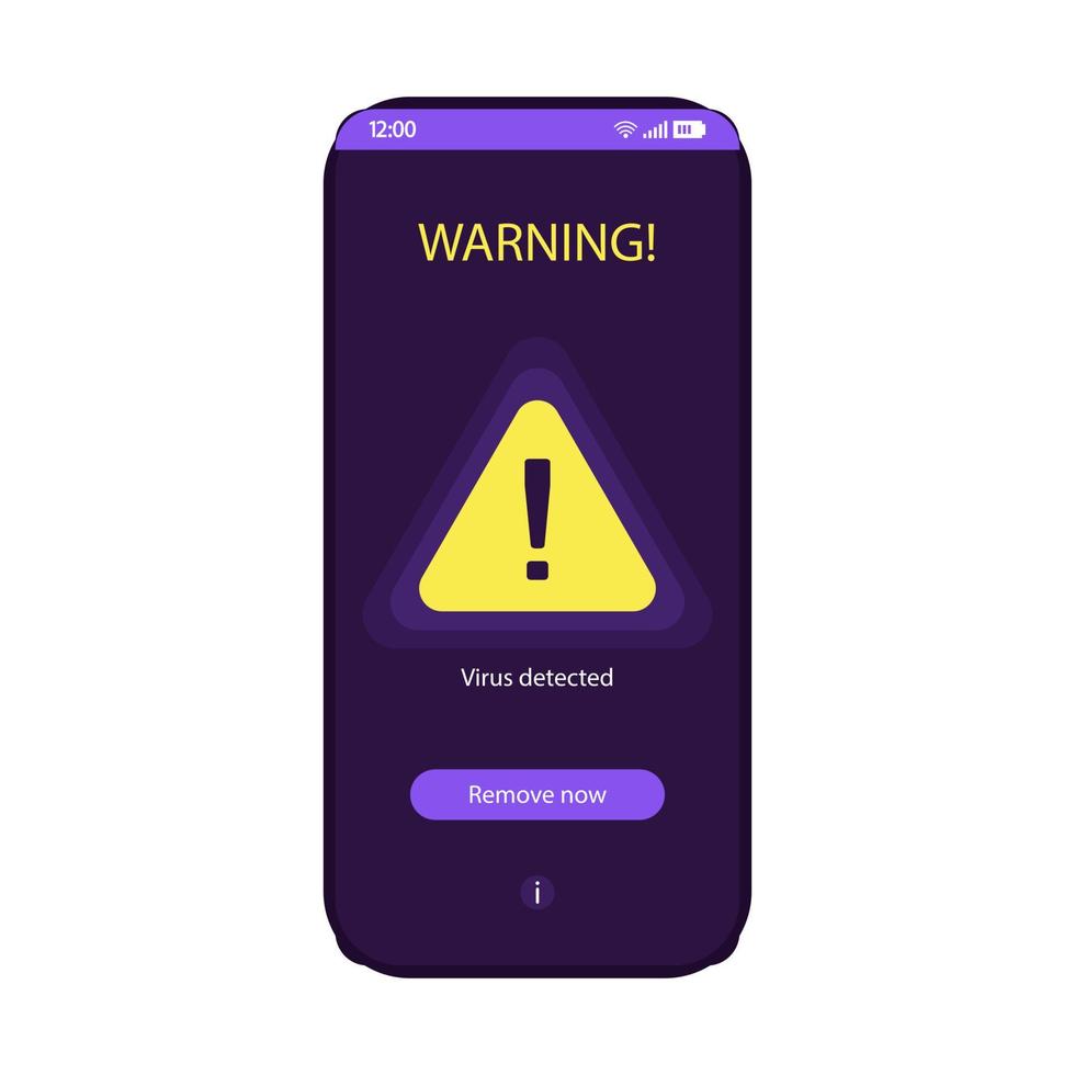 Mobile security app smartphone interface vector template. Warning message on phone screen purple design layout. Virus detected notification page. Malware guard flat UI. Antivirus application display