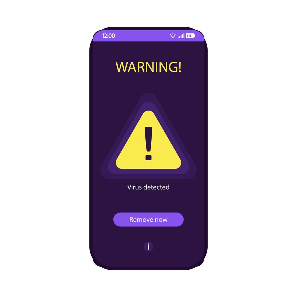 plantilla de vector de interfaz de teléfono inteligente de aplicación de seguridad móvil. mensaje de advertencia en el diseño de diseño púrpura de la pantalla del teléfono. página de notificación de detección de virus. interfaz de usuario plana de protección contra malware. visualización de la aplicación antivirus